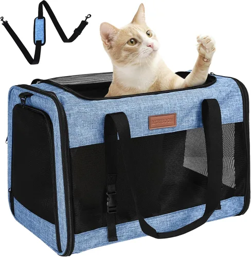 Vista 14 de PETUX - Transportador de mascotas aprobado por aerolíneas para gatos pequeños de hasta 12 libras, color negro 17x11x9.5 in, Underseat, Top & Side