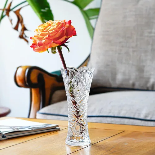 Vista 3 de Kanpura Florero de cristal transparente de 7.6 pulgadas, jarrón de cristal grueso para flores y decoración navideña, diseño de girasol (1 unidad)