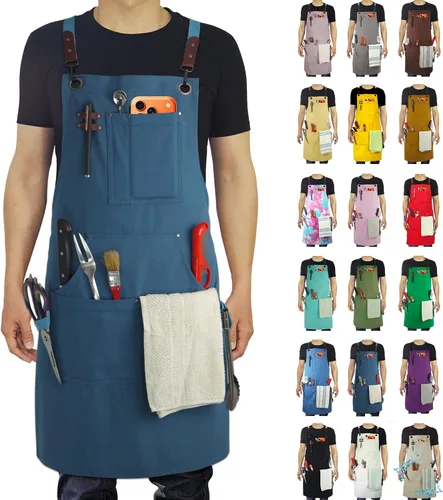 Vista 6 de Delantal de Cocina, Delantal de Trabajo, Lona, Múltiples Bolsillos, Jardinería, Pintura, BBQ, Artista, Carpintero, Tallas M a XXL, Ámbar