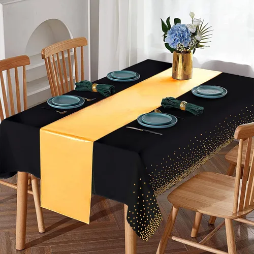Vista 4 de 8 paquetes de manteles de plástico desechables y juego de camino de mesa de satén negro con dorado, mantel de satén dorado para graduación, boda