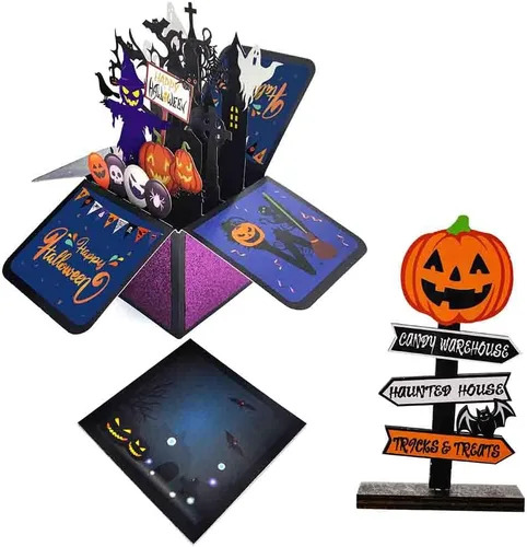 Vista 9 de Tarjeta de caja desplegable de Halloween, 3D de casa encantada, fantasma, calabaza, tarjetas para fiesta de Halloween con sobres, etiqueta de notas