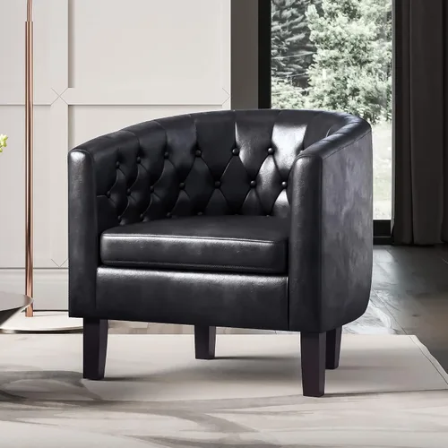 Vista 5 de BELLEZE Sillas de acento negras para sala de estar, elegante silla de brazo tapizada con respaldo capitoné en forma de barril, silla de club
