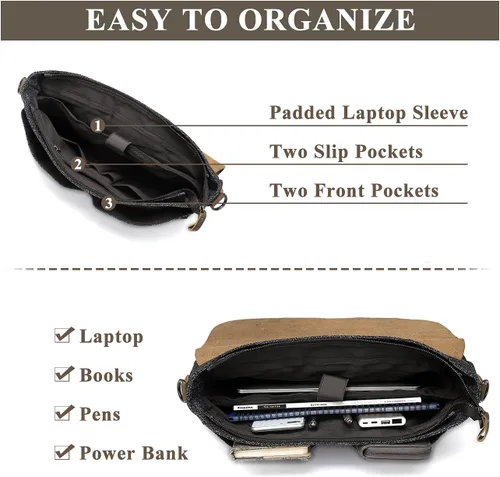 Vista 2 de VASCHY Bolsa de mensajero para hombre, bolso de lona de tweed de cuero vintage de 15.6 pulgadas para laptop de negocios, bolsa de hombro cruzada