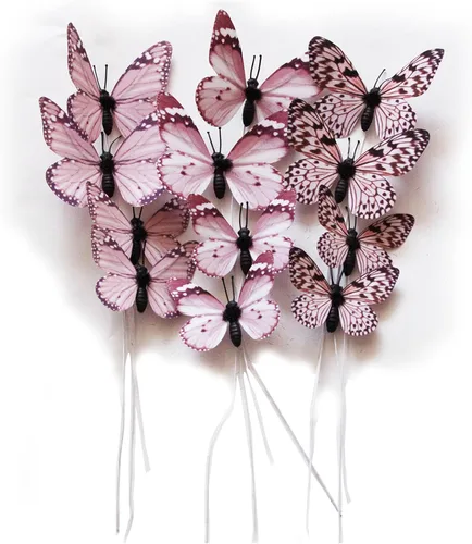 Vista 15 de Paquete de 12 decoraciones de mariposa, decoración de estacas de mariposa 3D, 2 tamaños de adorno de mariposa para el hogar, flores falsas