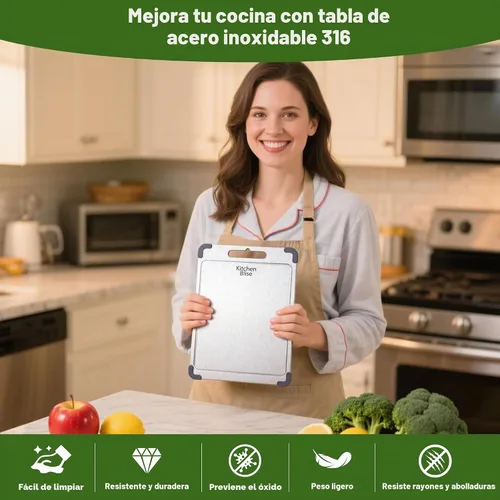 Vista 3 de Tabla de cortar de acero inoxidable, tabla de cortar de acero apto para alimentos de doble cara para cocina con 2 raspadores de limpieza, tabla
