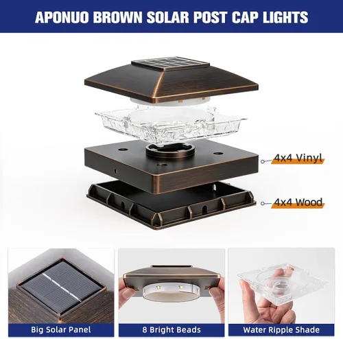 Vista 3 de APONUO Luces solares para postes de 4 x 4 – IP64 impermeable, blanco cálido, luces inalámbricas de valla y luces de cubierta para patios, jardines
