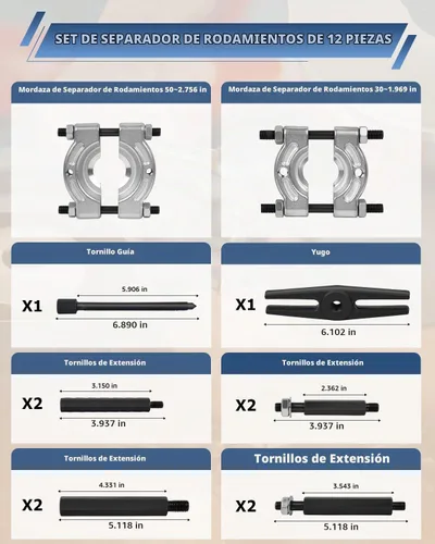 Vista 2 de DAYUAN Juego de 12 extractores separadores de rodamientos, resistente capacidad de 5 toneladas, kit de extractor de rodamientos de 2" y 3