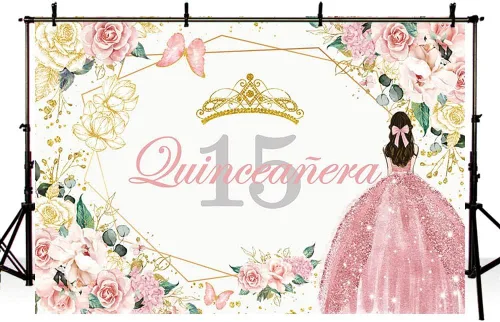 Vista 4 de Sendy SENDY - Telón de fondo de quinceañera para cumpleaños de 15 años de 10 x 7 pies para fiesta de Sweet Girl Mis Quince Anos, color rosa dorado