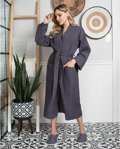 Vista 7 de Lotus Linen Batas ligeras de tejido gofre para mujer, bata larga de algodón suave, bata de baño tipo kimono para spa