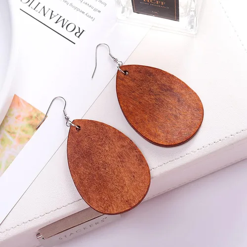 Vista 4 de 4 pares de pendientes geométricos de madera de madera con forma de lágrima de círculo redondo y pendientes de madera étnico natural de madera