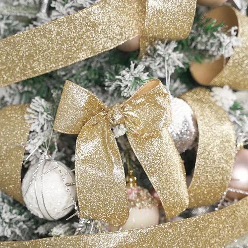 Vista 4 de HUIHUANG - Cinta de Navidad de champán con alambre, cinta metálica con purpurina brillante de 2-1/2", para árbol, lazos, suministros para coronas
