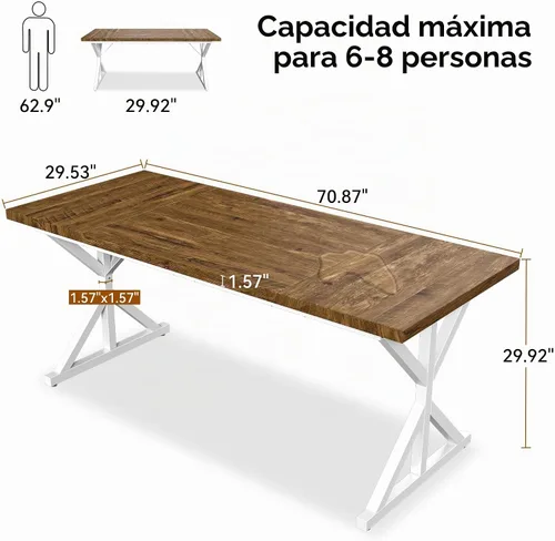 Vista 2 de Mesa de comedor de granja para 6-8 personas, mesa de comedor rectangular de madera de 70.8 pulgadas, mesa de cocina rústica con patas de metal extra