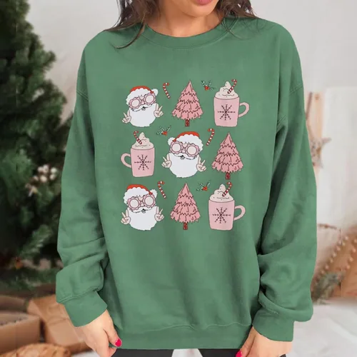 Vista 2 de Pink Christmas Sweatshirt for Women Fall Winter New Casual Fashion Christmas Santa Printed Sweater Top Crewneck