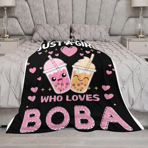 Vista 6 de Manta de té Boba de 40 x 50 pulgadas para niños, Just A Girl Who Loves Bubble Tea Fannel, manta de forro polar súper suave, manta de viaje