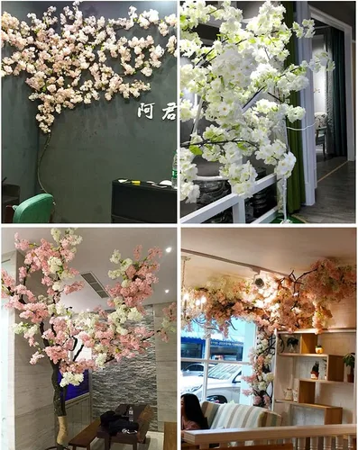 Vista 5 de Flores artificiales grandes árboles de cerezo en flor de seda para bodas, ramas falsas, tienda, jardín, paredes de fondo grandes, decoración