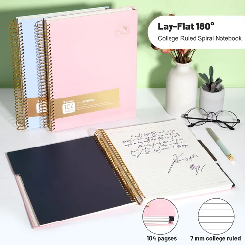 Vista 4 de FLYING EAGLE Cuaderno de 3 materias en espiral grande de 8.5 x 11 pulgadas, color rosa para mujeres y hombres, papel grueso de 100 GSM, 104 hojas