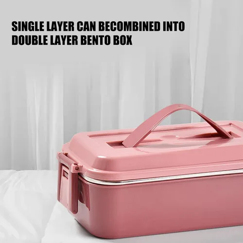 Vista 4 de Portable Stainless Steel Lunch Box, Bento Insulated Rectangular Rice Box, Single Layer Food Container with Handle for Home and School Use