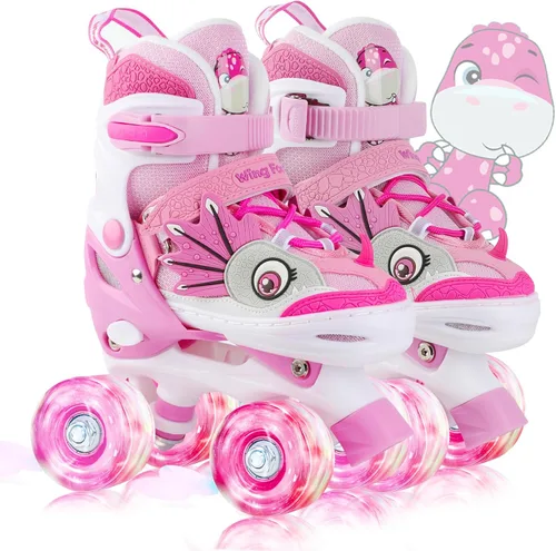 Vista 9 de Dino - Patines de ruedas para niños y niñas, WESKIFAN Dinosaur Quad Skating Shoes con ruedas brillantes y tamaños ajustables para principiantes