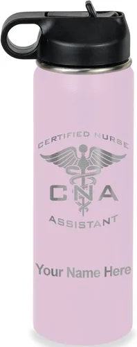 Vista 74 de LaserGram Botella de agua personalizada, asistente de enfermería certificada por la CNA, acero inoxidable de doble pared aislada al vacío con popote