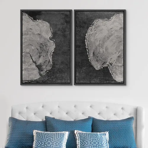 Vista 3 de SIGNWIN Lienzo enmarcado para pared, juego de arte con anillos de árbol de bosque grunge en blanco y negro, ilustraciones de naturaleza silvestre