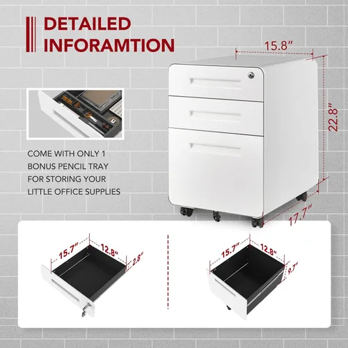 Vista 2 de SANODESK Archivador móvil de 3 cajones para archivadores de oficina en casa para almacenamiento debajo del escritorio, diseño de esquina redonda