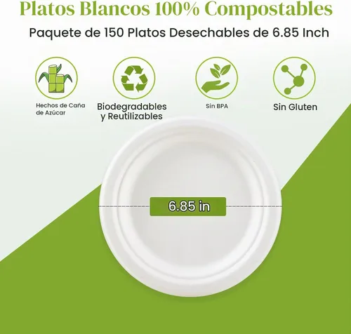 Vista 2 de ECOLipak Platos de papel de postre compostables de 6.85 pulgadas, paquete de 150 platos desechables, biodegradables, resistentes, ecológicos