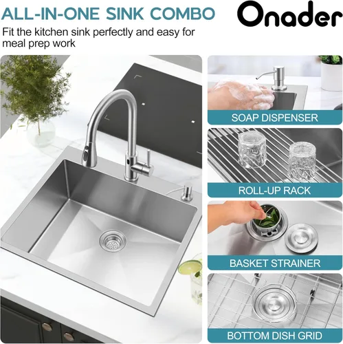 Vista 6 de Onader Fregadero de cocina de 25 x 22 pulgadas, acero inoxidable calibre 16 níquel cepillado, fregadero de cocina moderno con accesorios, 10