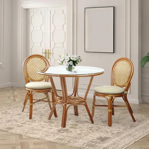 Vista 7 de Denver Dining - Silla auxiliar de mimbre hecha a mano con cojín color crema, ratán natural, colonial