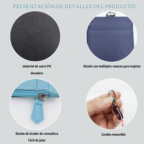 Vista 6 de Paquete de 2 portatarjetas de piel sintética con bolsillo con cremallera, cartera con cordón, tarjetero para tarjetas de identificación con 4 Negro