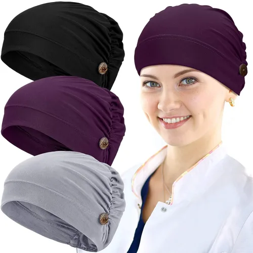 Vista 9 de Geyoga Gorras Bouffant con botones, unisex, elástica, turbante con botones para mujer, 3 piezas, Negro, Talla única