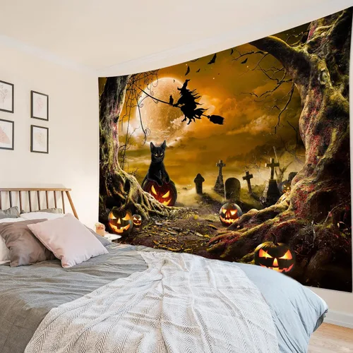 Vista 29 de LB Tapiz espeluznante de cementerio de Halloween, lápida aterradora con árboles muertos, tapiz de bosque para colgar en la pared, tapiz de fondo