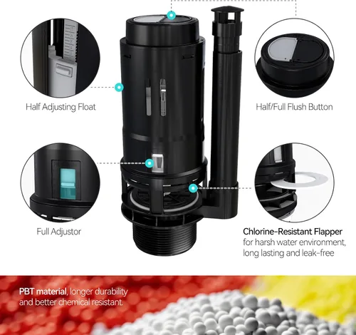 Vista 8 de R&T Válvula de descarga doble de 2 pulgadas con botón superior Kit de reparación de inodoro Tanque interior Kit de repuesto de válvula de descarga