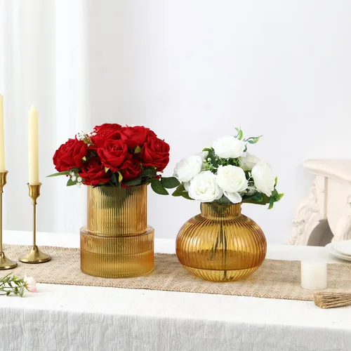Vista 2 de Jarrones de vidrio acanalado, juego de 2 jarrones estriados para flores, florero de vidrio ámbar para tulipanes, jarrón moderno para sala de estar