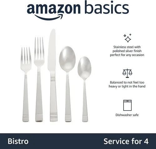 Vista 2 de Amazon Basics Juego de cubiertos de acero inoxidable de 20 piezas, servicio para 4, color plateado