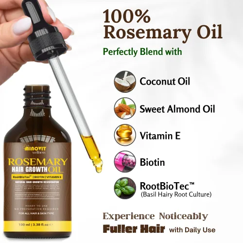 Vista 2 de Aceite de romero para el crecimiento del cabello (3.4 onzas líquidas) infundido con biotina, vitamina E, aceite de almendras y coco, fortalece