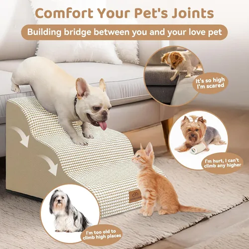 Vista 4 de Zerbuger Rampa para perros y escaleras para cama, beige de 3 escalones