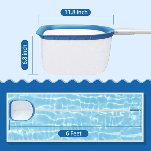 Vista 2 de Red profesional de desnatador de piscina de 6 pies con 6 postes de aluminio, malla fina para eliminación rápida de desechos, redes de piscina