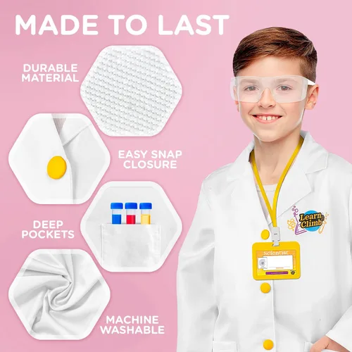 Vista 3 de Learn & Climb Abrigo de laboratorio para niños, kit de disfraz de laboratorio científico infantil con gafas y tarjeta de identificación