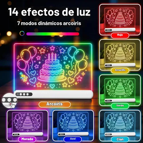 Vista 2 de Tablero de dibujo LED de 16 pulgadas para niños, tablero de notas LED recargable con 7 colores, tableta de dibujo iluminada, 7 modos dinásticos