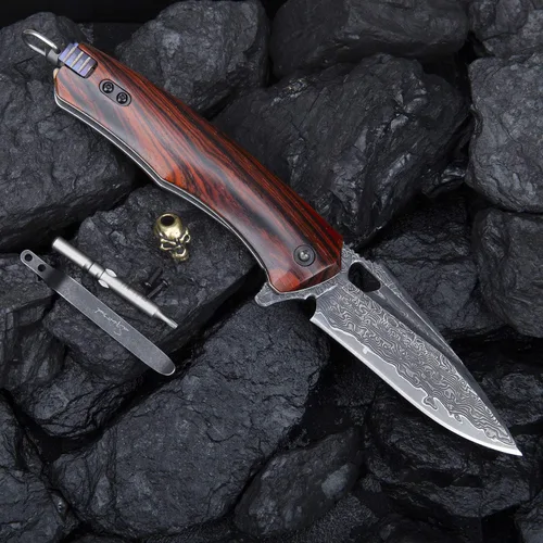 Vista 3 de Cuchillo plegable EDC multifuncional de acero de Damasco con clip de bolsillo autoensamblable, cierre de revestimiento, funda de cuero, cuchillo