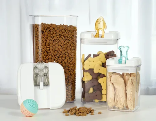 Vista 9 de Felli Flip Tite Contenedor de comida para mascotas con tapas herméticas, recipiente acrílico libre de BPA con asas de hueso de pata de pescado