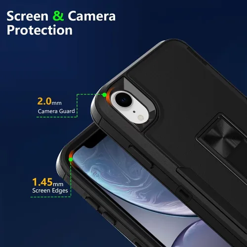 Vista 2 de Funda para iPhone XR, Apple XR con protector de pantalla de vidrio templado, soporte magnético resistente de doble capa a prueba de golpes para Negro