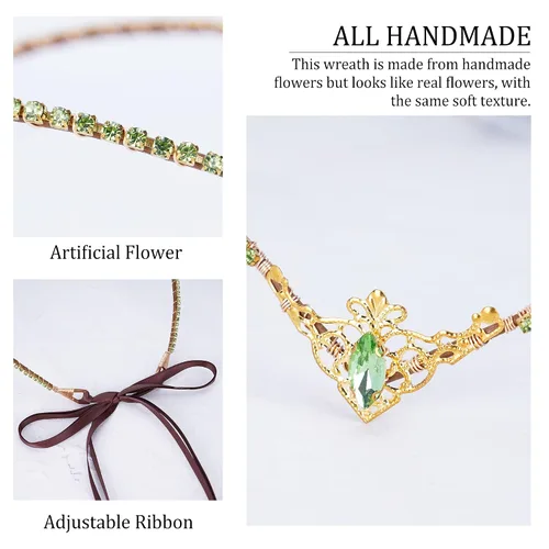 Vista 5 de MOSTORY Tiara de cristal de princesa hecha a mano para boda, en forma de V, corona de elfo renacentista, diadema de hada verde dorada para mujer