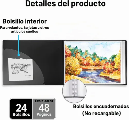 Vista 3 de Dunwell - Libro de presentación Landscape 9x12, (Negro, Horizontal), Carpeta de 24 bolsillos con fundas de plástico, muestra 48 páginas de 9 x 12
