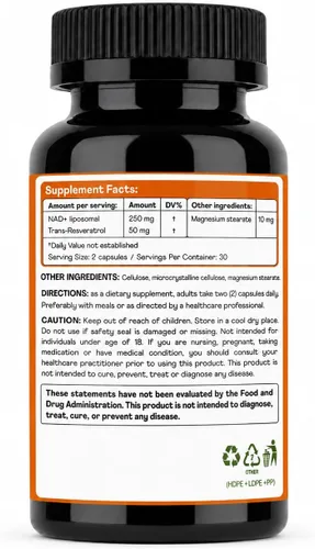 Vista 9 de Suplemento liposomal NAD con resveratrol, avanzado NAD+ resveratrol para mujeres y hombres, 60 cápsulas, suministro para 30 días