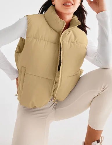 Vista 4 de MEROKEETY Chaleco acolchado para mujer, cuello alto, con cremallera, sin mangas, con bolsillos