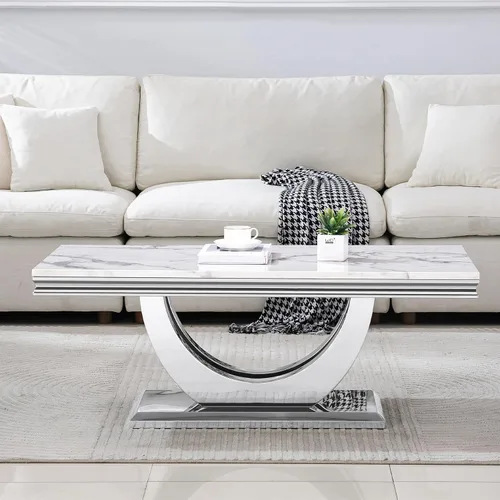 Vista 28 de SSLine Moderna mesa de centro de 1 pieza para sala de estar, mesa de centro de lujo de mármol sintético con patas de acero inoxidable en forma de S