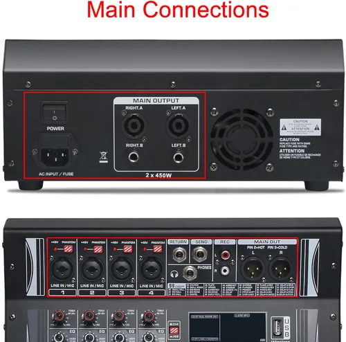 Vista 4 de Mezclador de Audio de 4 Canales, Mezclador DJ con Amplificador de Potencia, Tarjeta de Sonido de Audio con Alimentación Fantasma de 48V, Interfaz