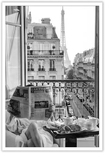 Vista 9 de Lienzo vintage con chica leyendo periódico, vista de la Torre Eiffel, arte de pared retro en blanco y negro, feminista, estética de habitación