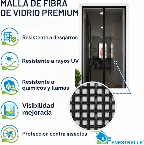 Vista 3 de Puerta magnética de malla de fibra de vidrio resistente de Fenestrelle, con cierre magnético autoajustable, manos libres, con moldura negra – Se